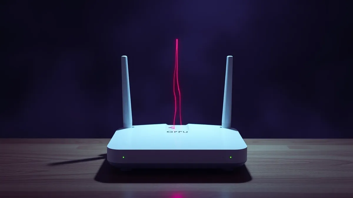 Illustration: A small white Wi-Fi router sits on a wooden table, its green status lights glowing steadily.