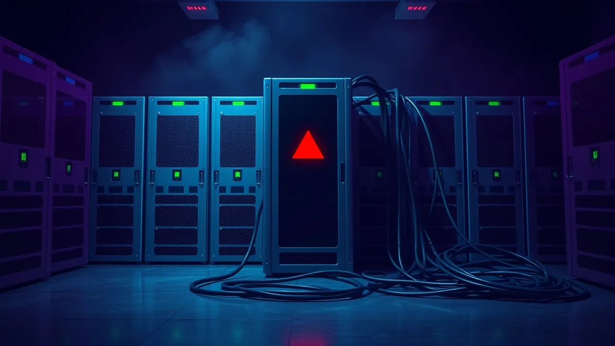 Illustration: A row of identical grey server blades sits in a dark room, their front panels marked by small blinking green lights.