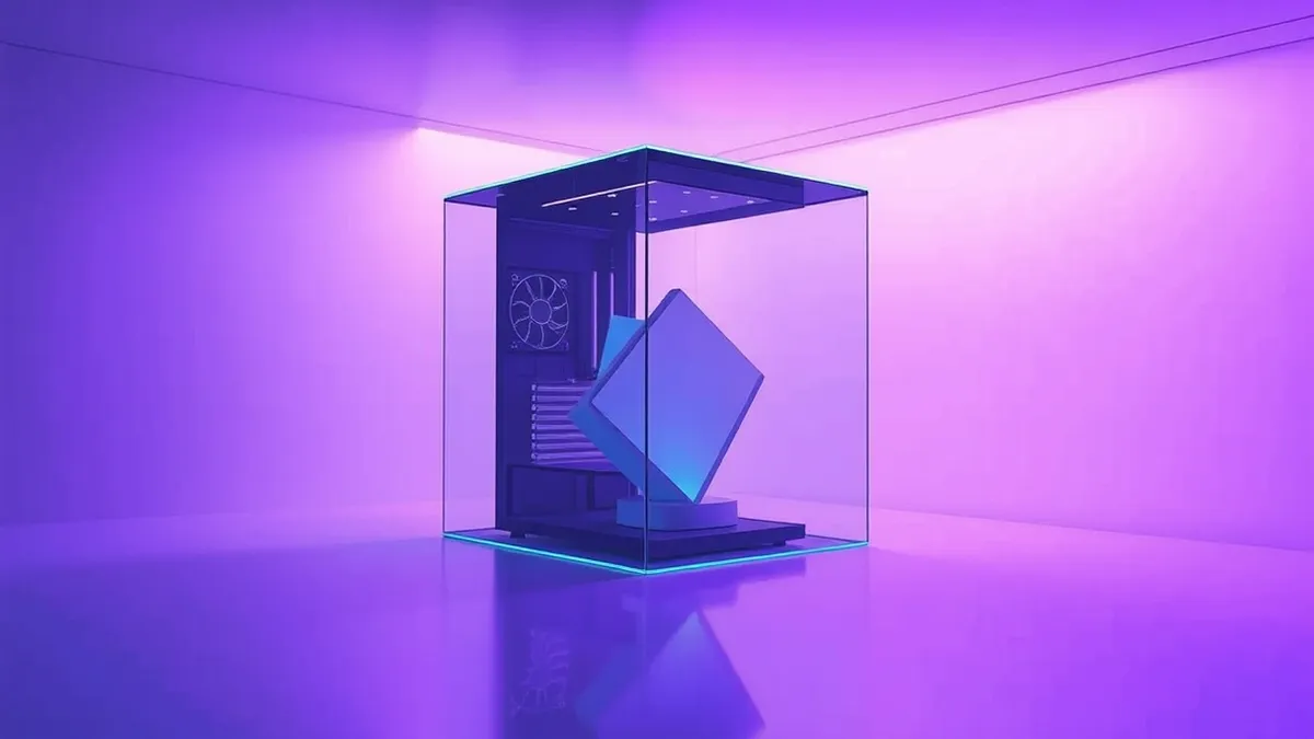 Illustration: A sterile white room contains a single computer tower enclosed in a thick glass cube.