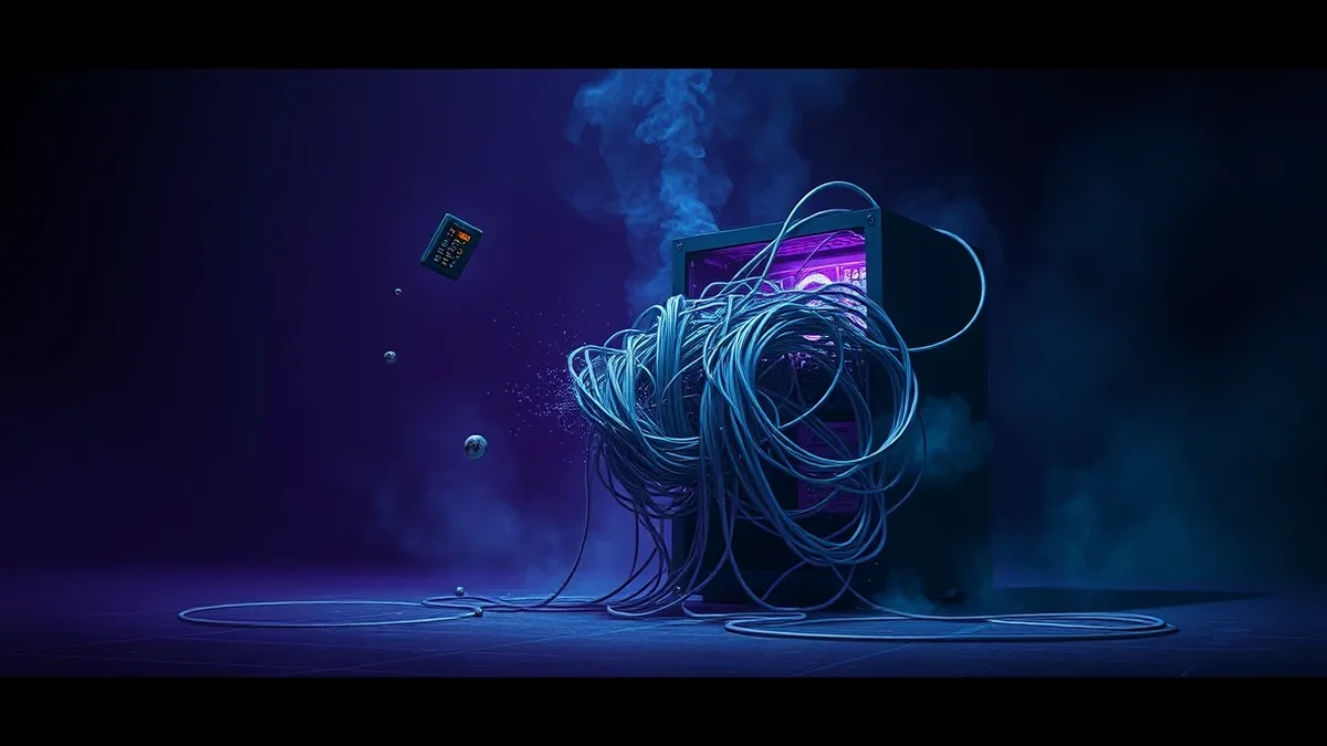 Illustration: A tiny, jagged data packet enters a server’s network port, instantly swelling into a massive, tangled knot of wire that bursts the machine’s casing.