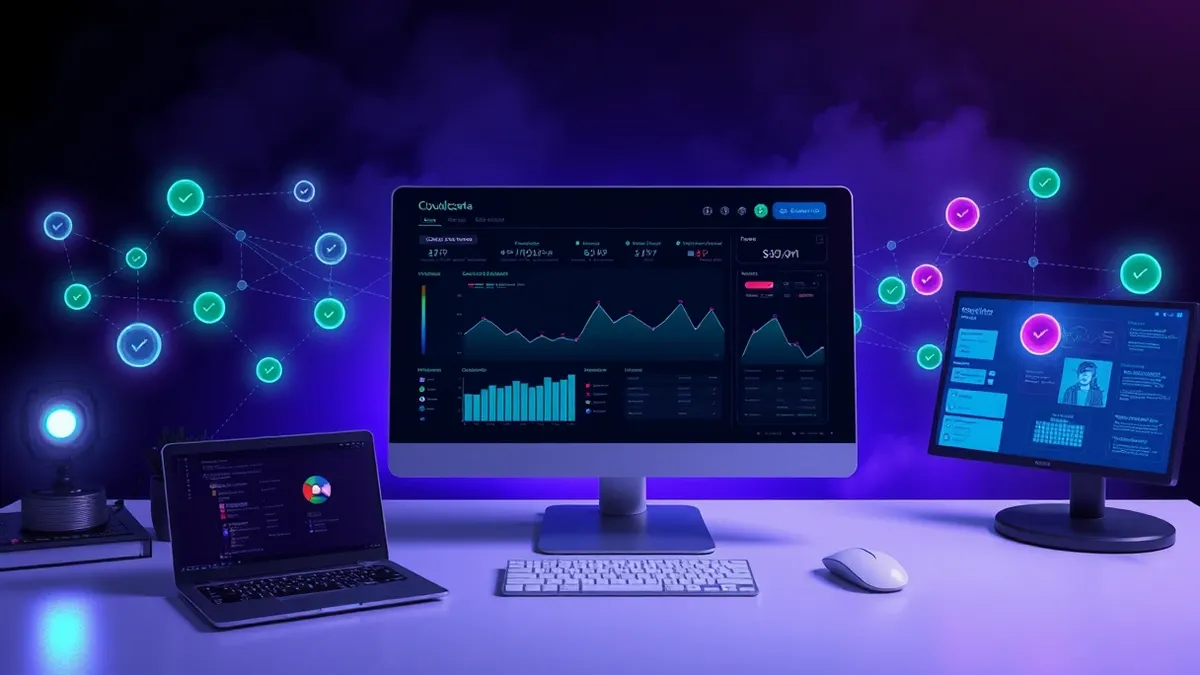 Illustration: A single sleek dashboard panel sits on a clean desk, displaying unified abstract data streams merging from multiple scattered nodes.