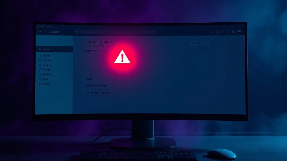 Illustration: A computer monitor displays a blank administrative dashboard interface with a single glowing red warning icon hovering over the comment moderation section, symbolizin