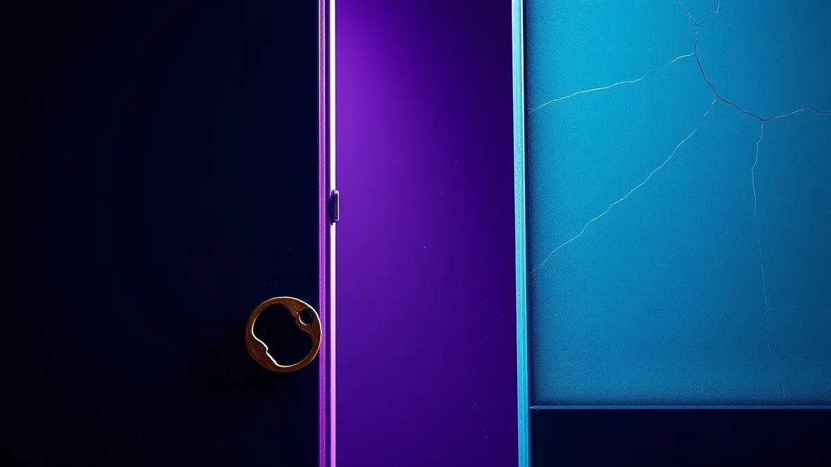 Illustration: A single, weathered brass key rests on a sleek, modern glass door that remains slightly ajar.